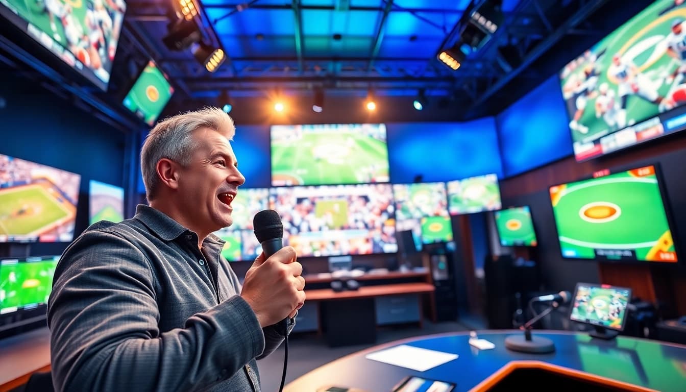Sport broadcaster delivering exciting commentary in an advanced sports broadcasting studio.