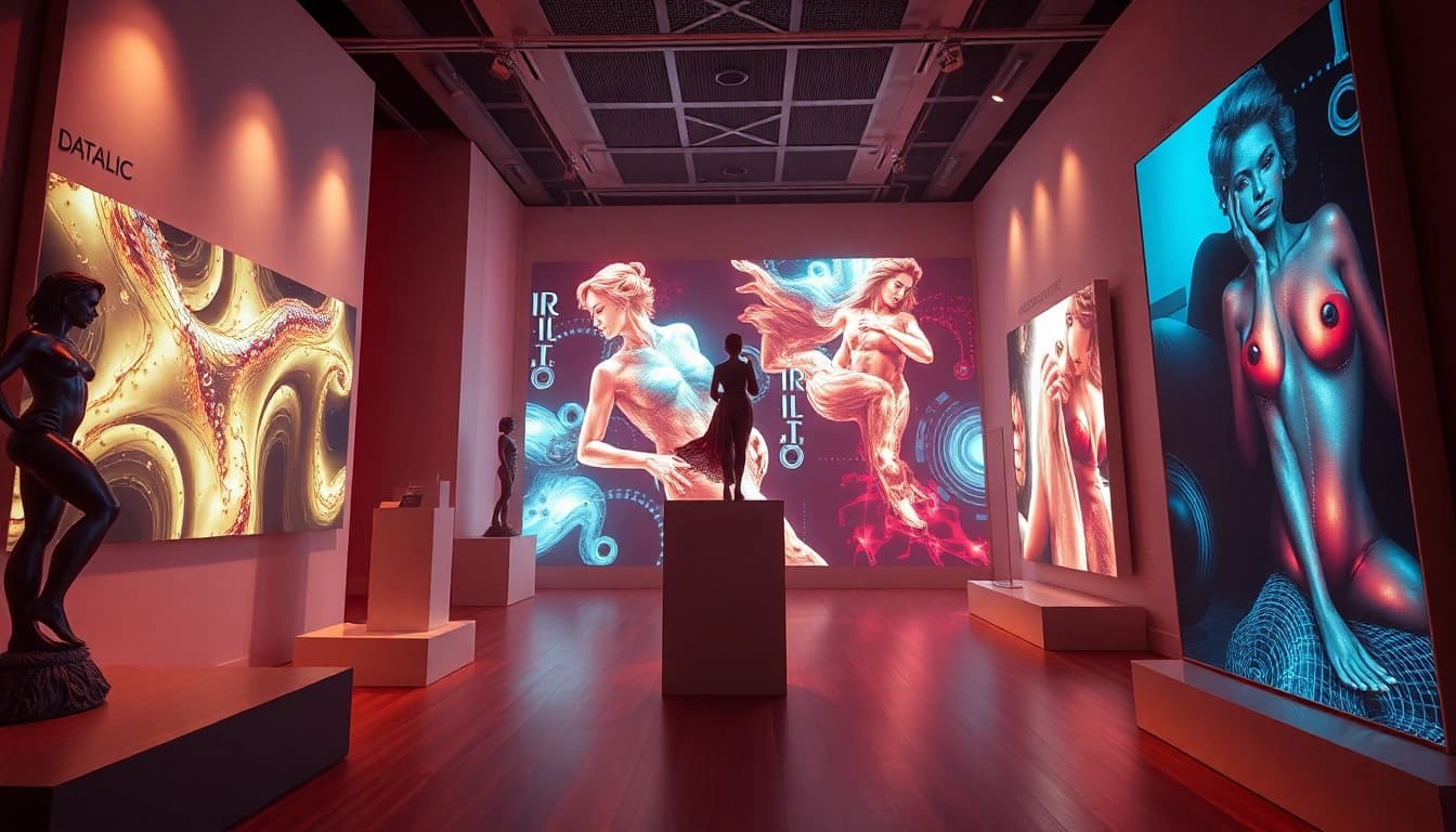 AI porn showcased in a futuristic digital gallery with interactive installations.