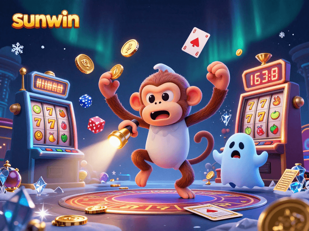 Engage with sunwin's vibrant casino scene featuring a juggling poltergeist and a ghost-hunter puppy.