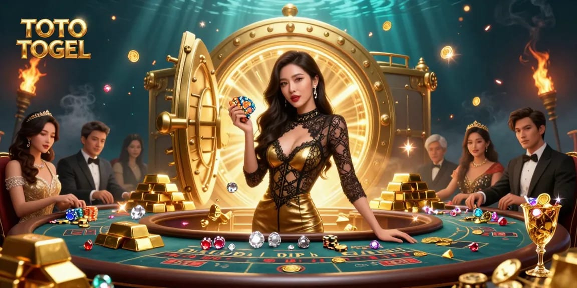 Engage with TOTO TOGEL at a vibrant VIP baccarat table surrounded by wealth and rich casino elements.