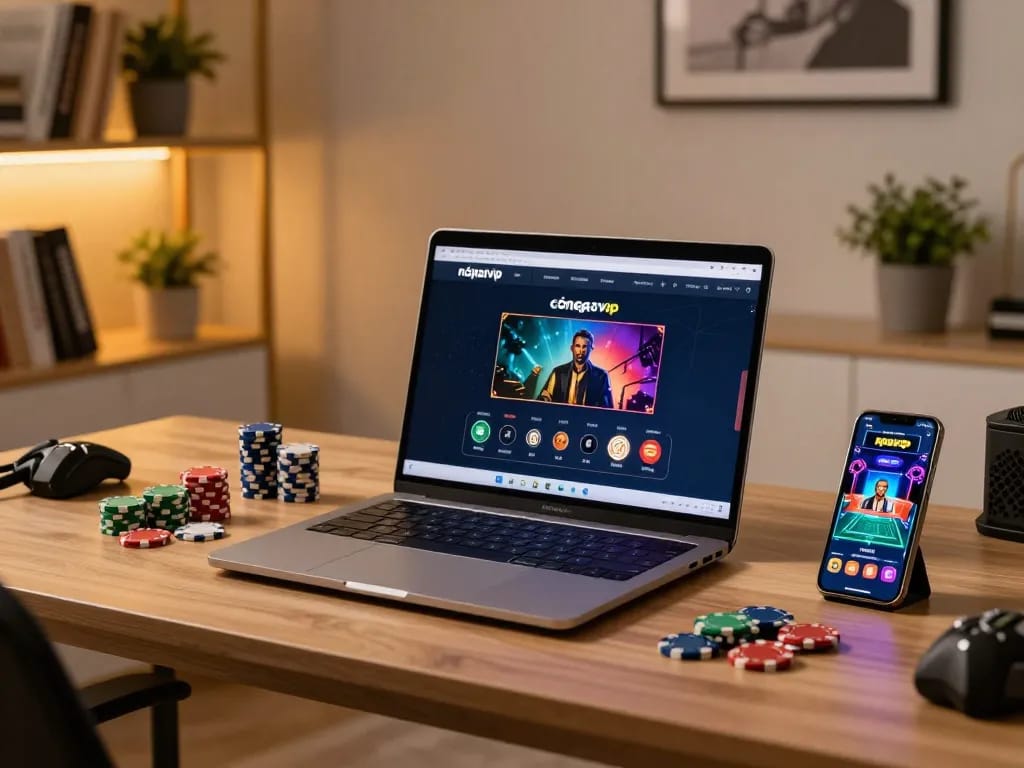 Engaging with cổng game nhatvip on a sleek laptop in a cozy setup, highlighting strategic online gambling.