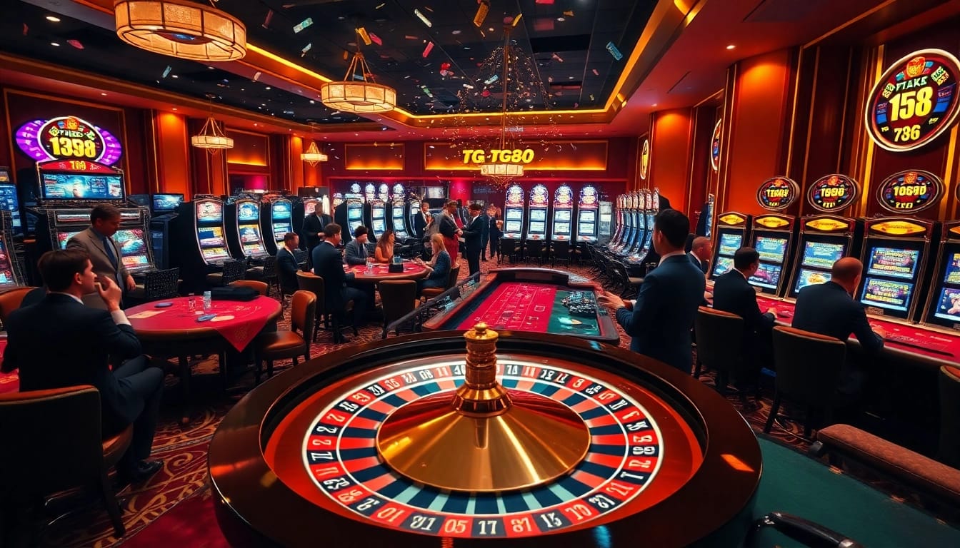 Exciting casino experience featuring tg88 logo with players at roulette and slot machines.