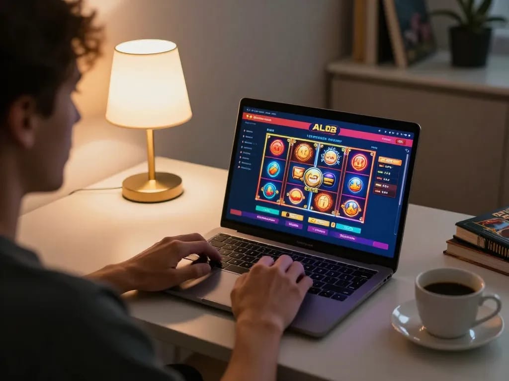 Player enjoying the ALO8 online casino experience on a laptop, showcasing vibrant games and a cozy setup.
