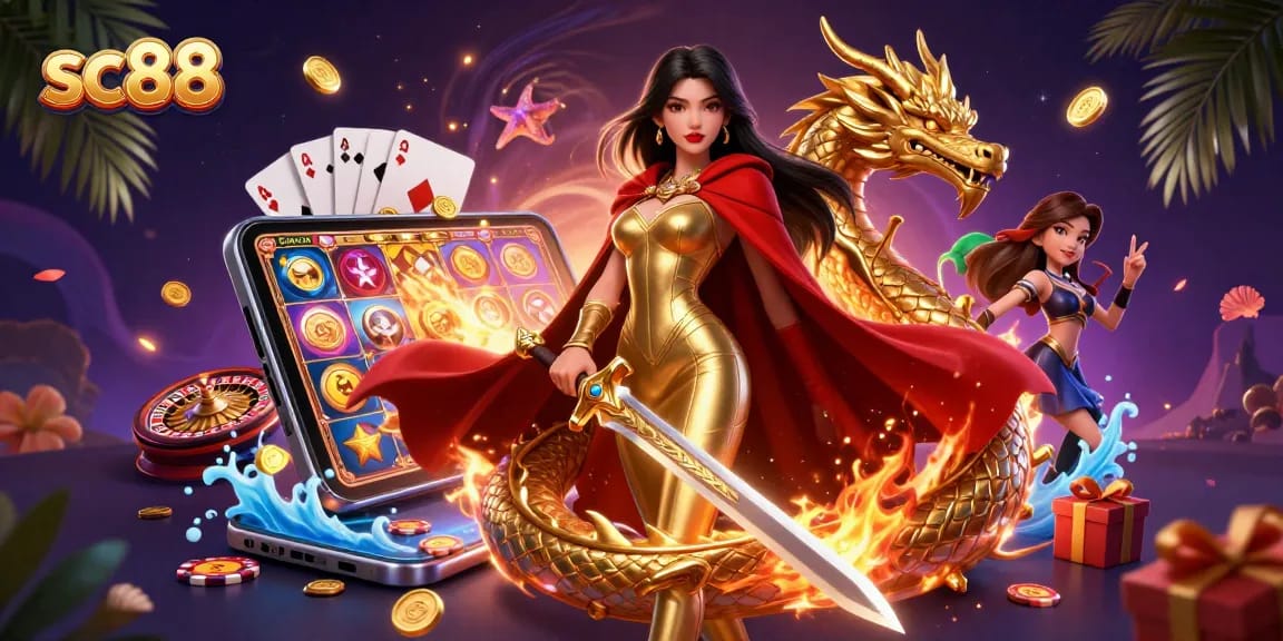 Win big at the sc88 casino with a vibrant scene featuring slot games and thrilling prizes.