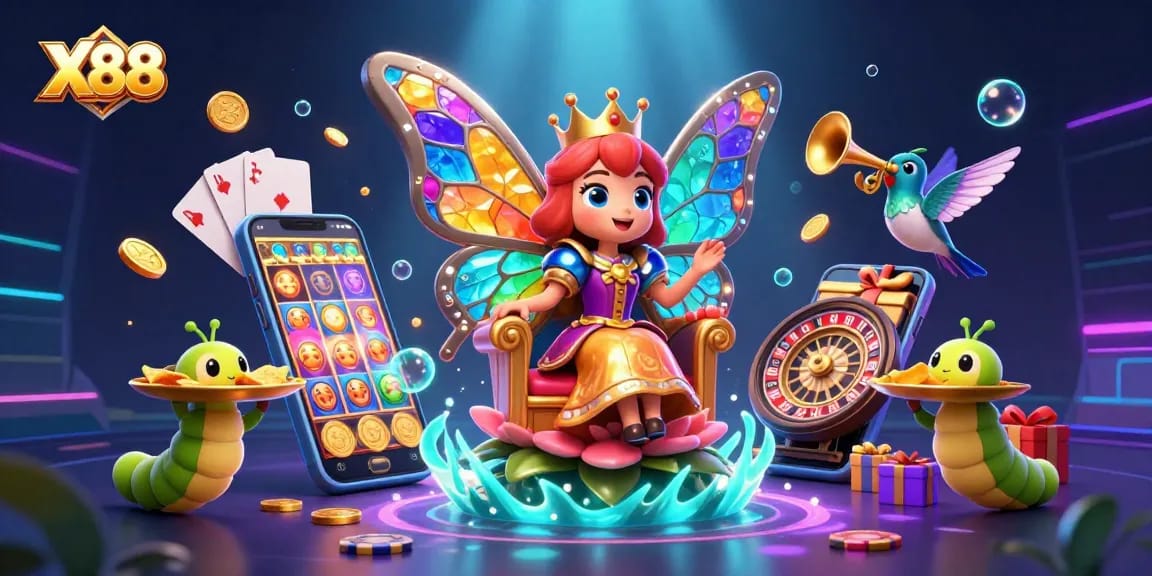 Spin reels with X88's vibrant butterfly queen and chip-bearing caterpillars in an enchanting casino scene.