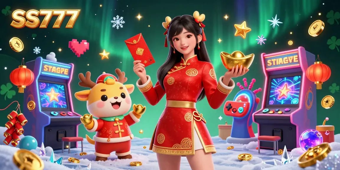 Engage in the vibrant SS777 gaming experience with festive elements and 3D characters celebrating casino joy.