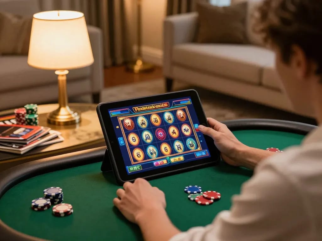 Play different Pragmatic Demo slots on a tablet in a luxurious home setting.