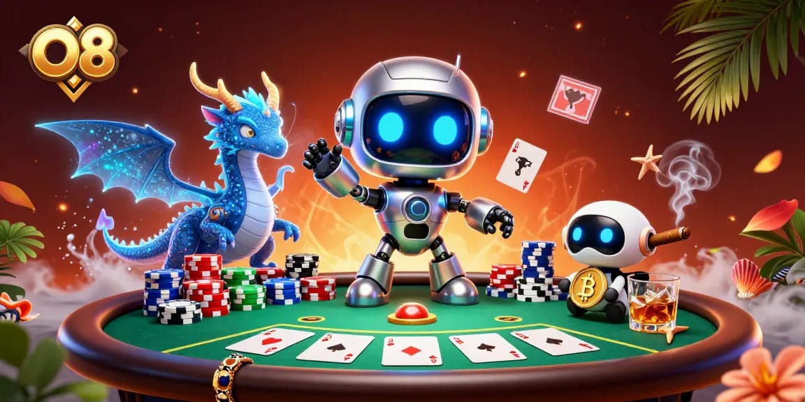 O8 players enjoy dynamic poker action and holographic experiences in a vibrant casino setting.