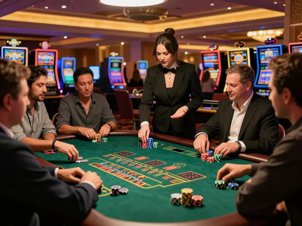 Engaging blackjack gameplay with max 79 strategy, players placing bets at a lively Las Vegas casino.