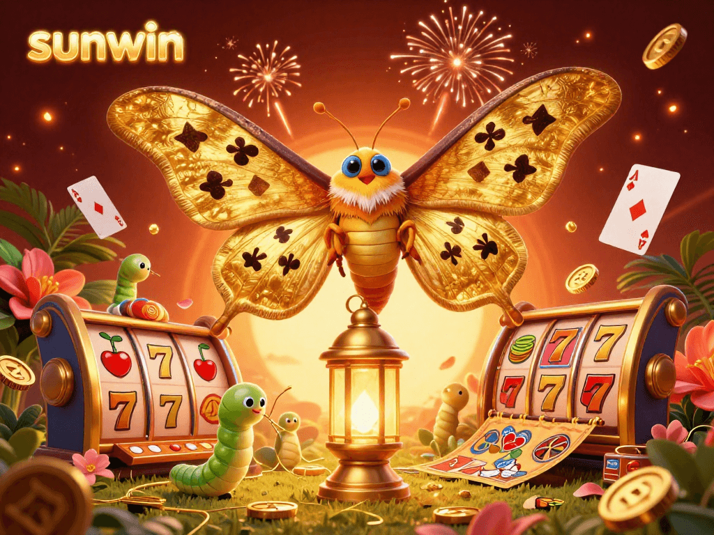 Engage with sunwin's vibrant casino atmosphere featuring a cartoon moth and dynamic slot elements.