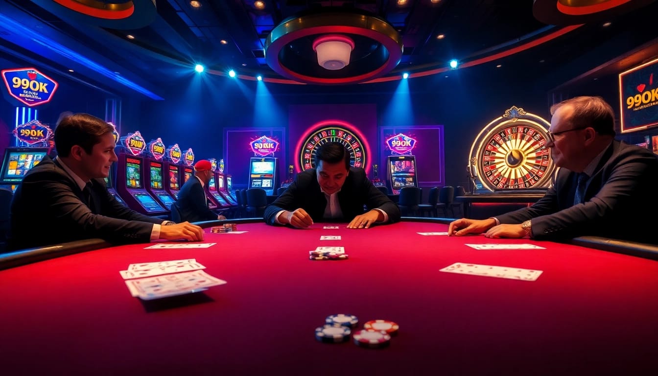 Engaging players at Nhà cái 99OK poker table, showcasing a thrilling casino atmosphere.