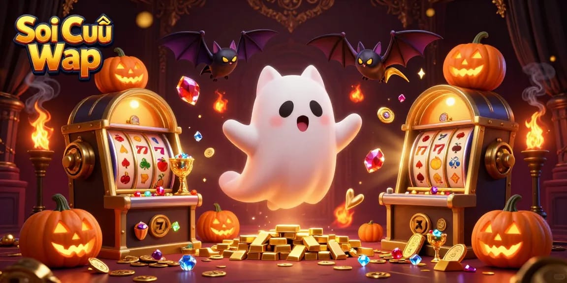 Soi Cầu Wap showcases a vibrant 3D cartoon scene of a ghost cat winning in a haunted casino.