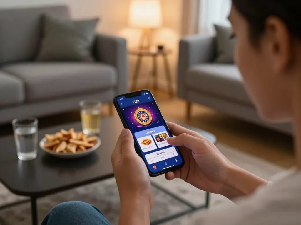 F168 user actively engaging in mobile gambling, showcasing the casino app on a smartphone within a cozy living room.