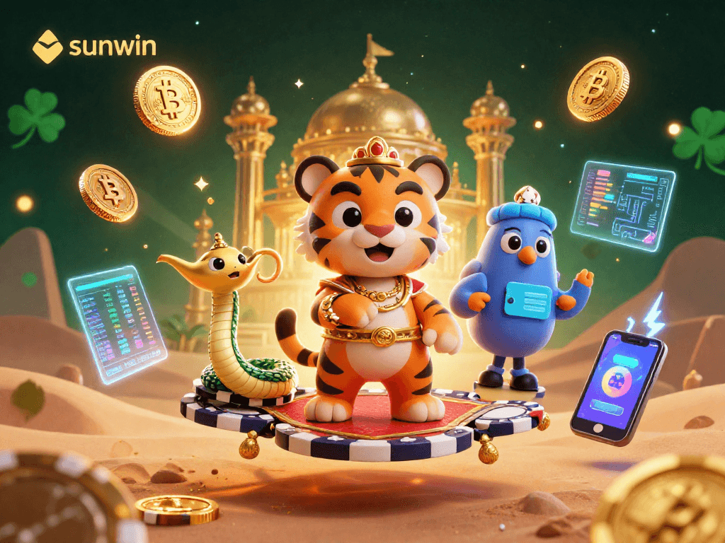 Experience the vibrant world of sunwin's 3D casino illustration with Arabian Nights-themed characters.