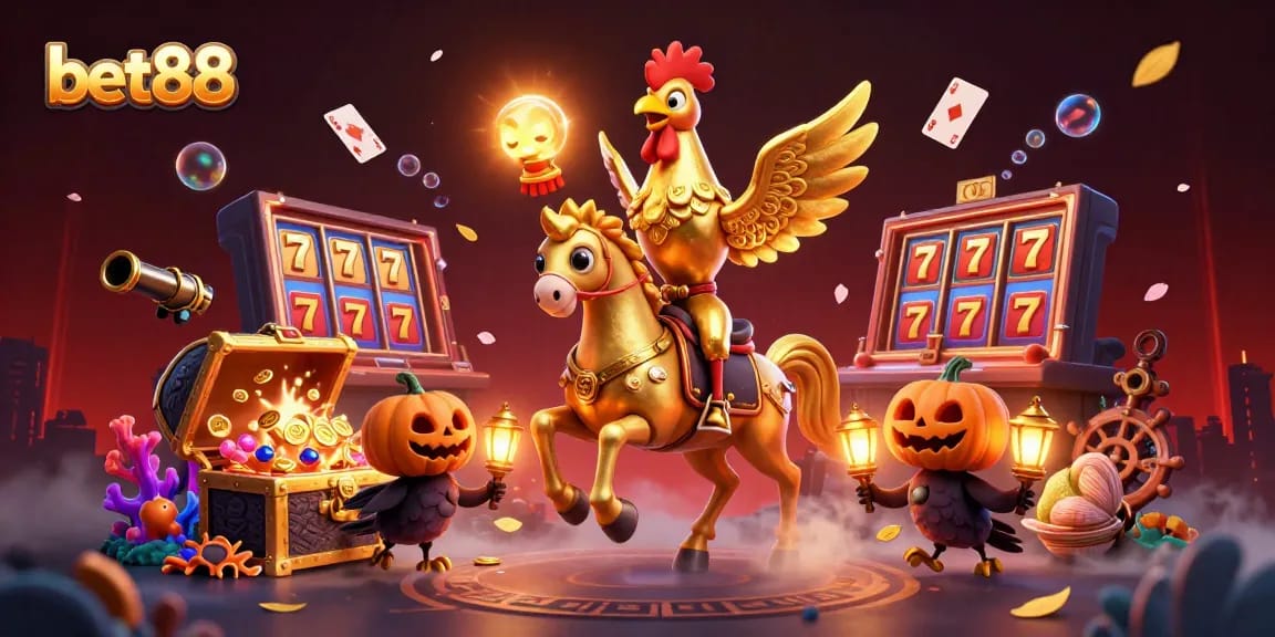 Experience the thrill of bet88 gaming with a vibrant, bustling casino scene featuring unique characters, treasures, and slot elements.
