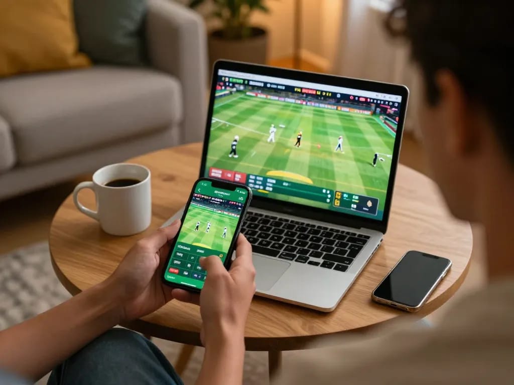 Joya9 user placing bets on sports via mobile app, modern home setting creating a lively gaming atmosphere.