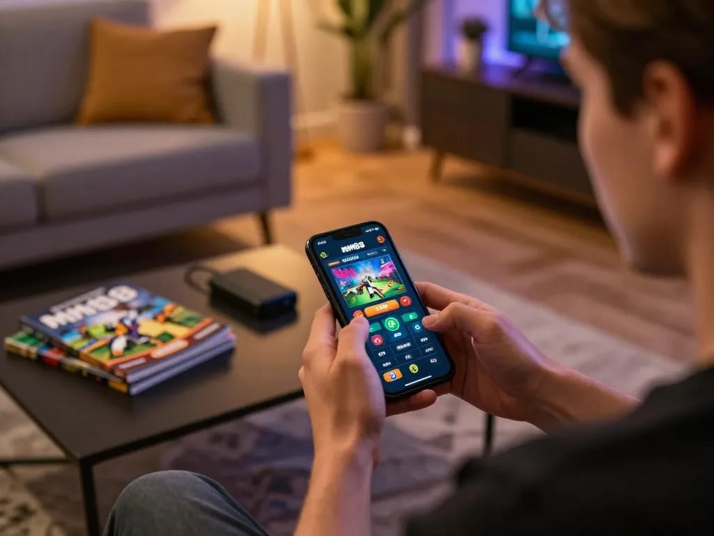 Player enjoying mm88 gaming app on smartphone at home, showcasing mobile gambling excitement.
