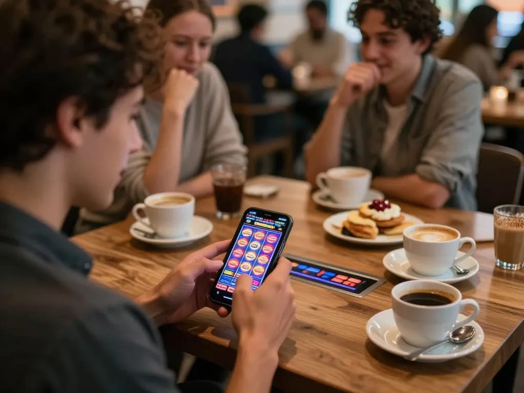 E2bet player enjoying colorful slot games on a smartphone in a café setting.
