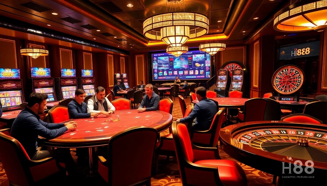 Players enjoying poker at Hi88 casino amidst luxurious surroundings and vibrant slot machines.