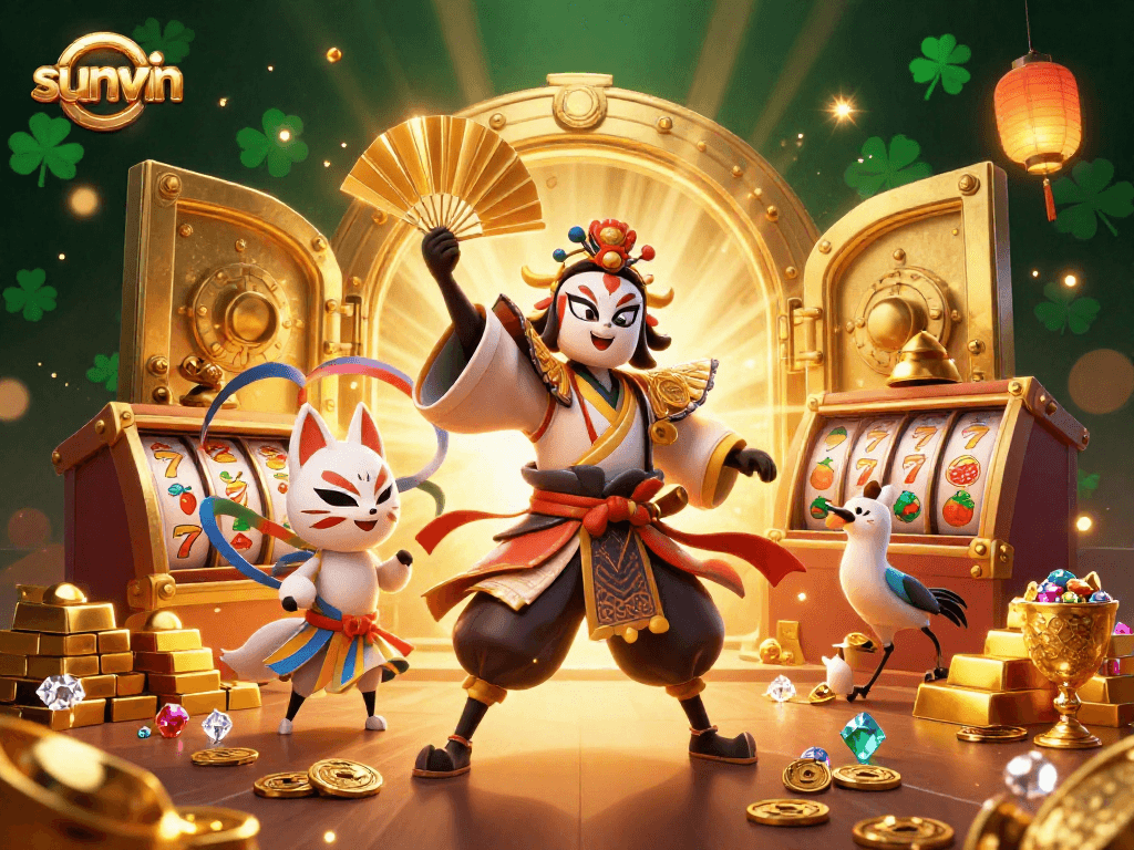 Engage in thrilling gameplay with sunwin's vibrant casino scene featuring kabuki warrior and treasures.