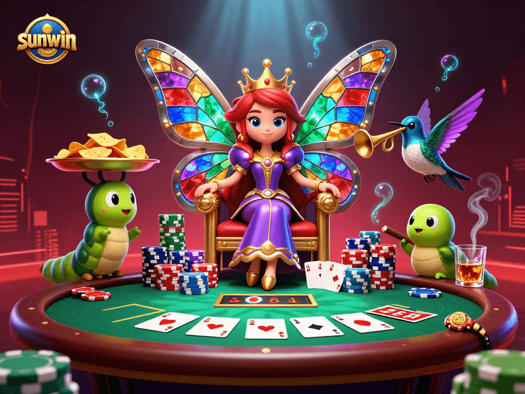 Experience sunwin's vibrant casino scene featuring a butterfly queen and poker elements in a magical setting.
