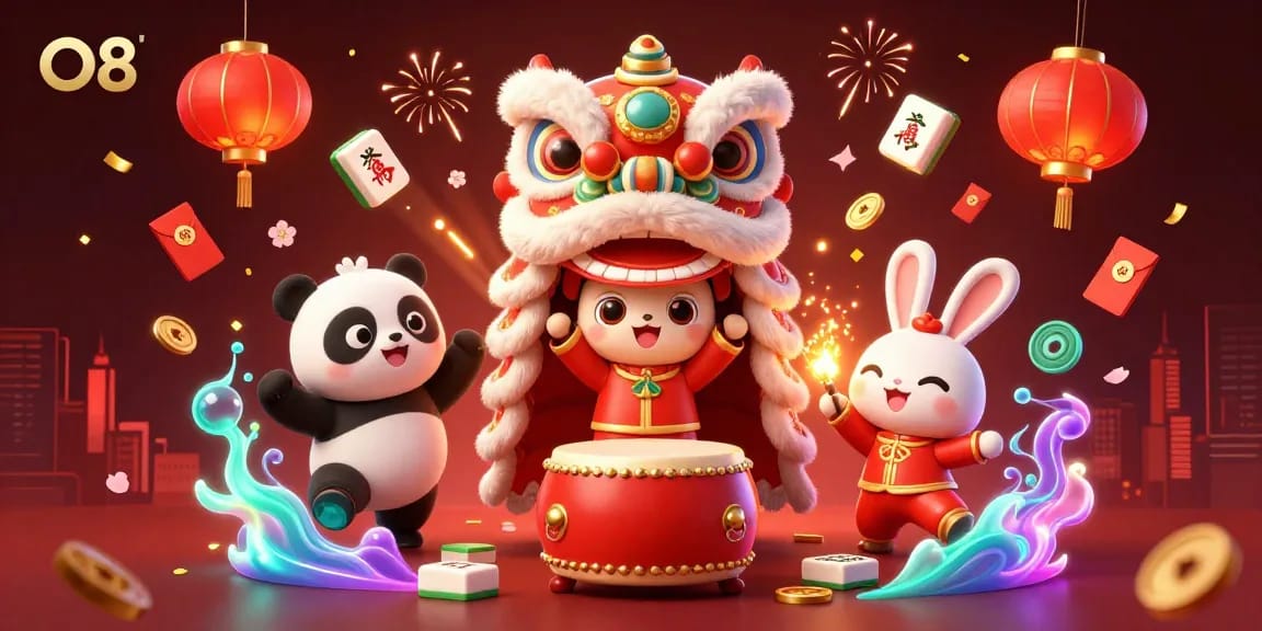 Experience thrilling online gambling at O8 with vibrant lion dance characters and rich casino decorations.