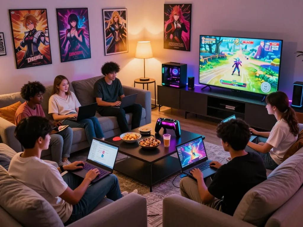 Friends enjoying hentai games in a cozy living room with vibrant gaming tools and snacks.