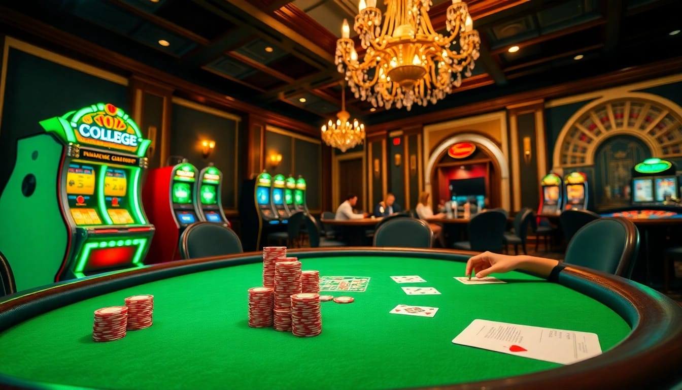 Exciting poker game at Thabet College with vibrant chips and illuminating roulette wheel.