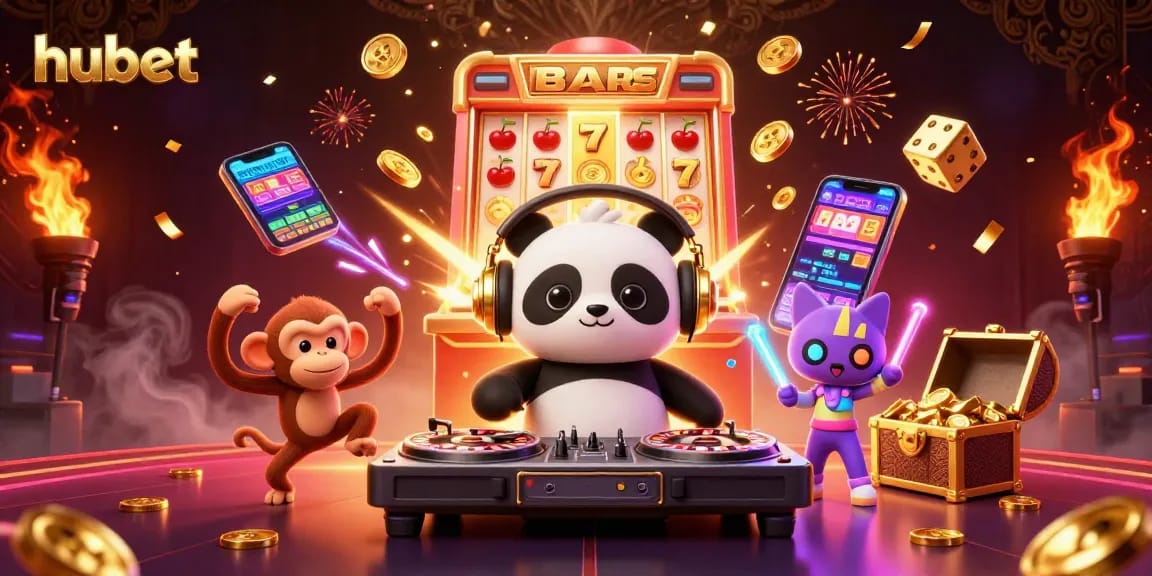 hubet slot machines burst with rewards as DJ panda spins vibrant tunes in 3D cartoon scene