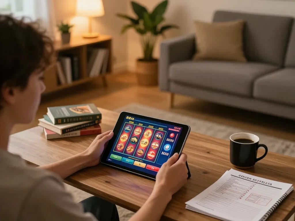 Engaging with HI88 online slots from a cozy home setup, highlighting the gaming interface.