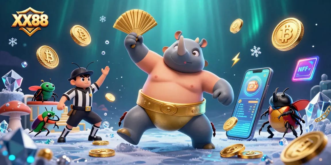 Experience intense action at XX88 Casino with the sumo beetle stomping coins while a cricket officiates!