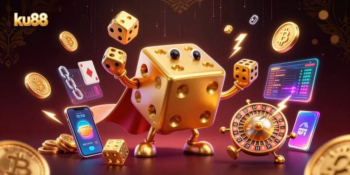 Engage with the vibrant world of ku88 casino gaming featuring animated golden dice, crypto elements, and lively game symbols.