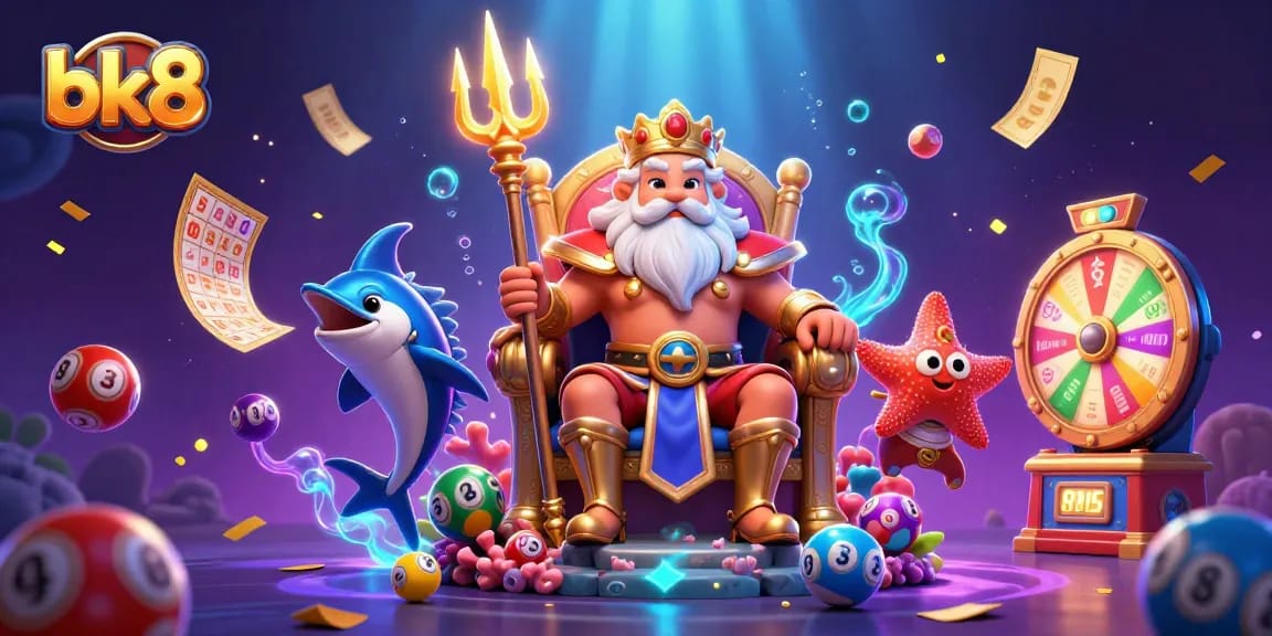 Experience exciting BK8 lottery options with Neptune, samurai guard, and vibrant game elements.