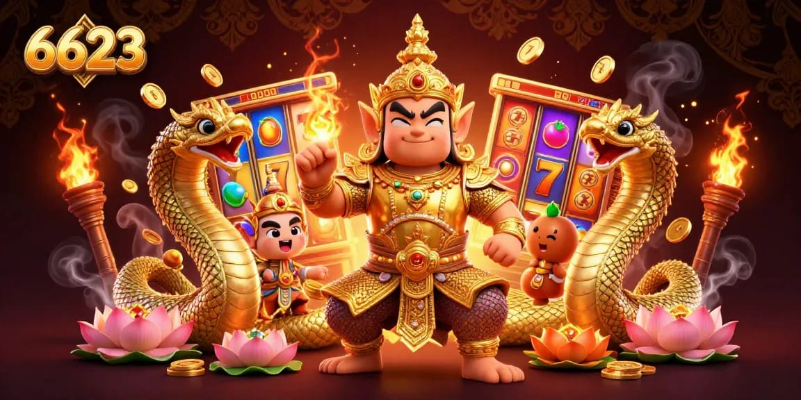 Experience thrilling gameplay at 6623 with vibrant slot machines, golden characters, and dynamic casino elements.