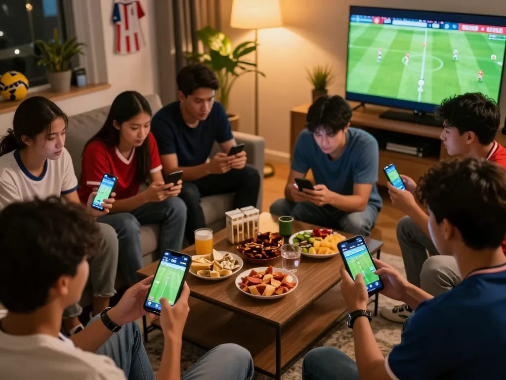 Friends using BL555 to place bets while watching a live soccer game together.