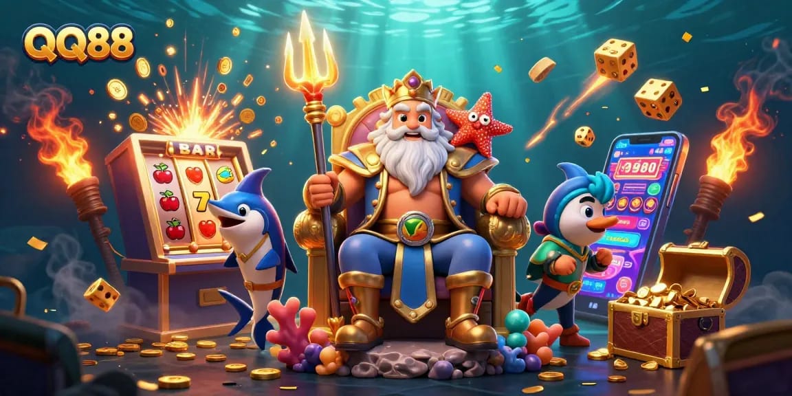 Experience QQ88 with a vibrant 3D casino scene featuring sea king Neptune and explosive jackpots!
