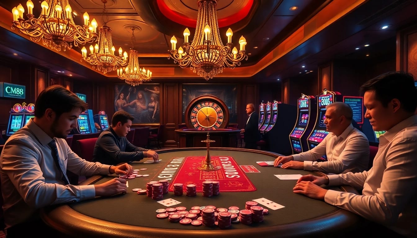 CM88 players engaging in high-stakes poker at an elegant casino table.