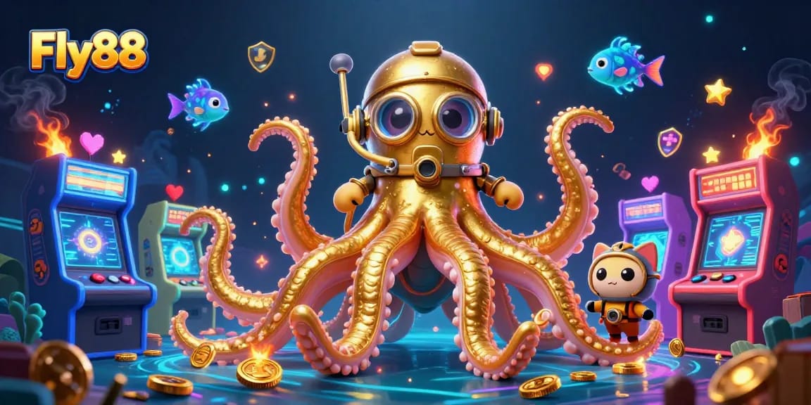 Join the adventure at Fly88 with engaging casino elements like a giant kraken and arcade machines.