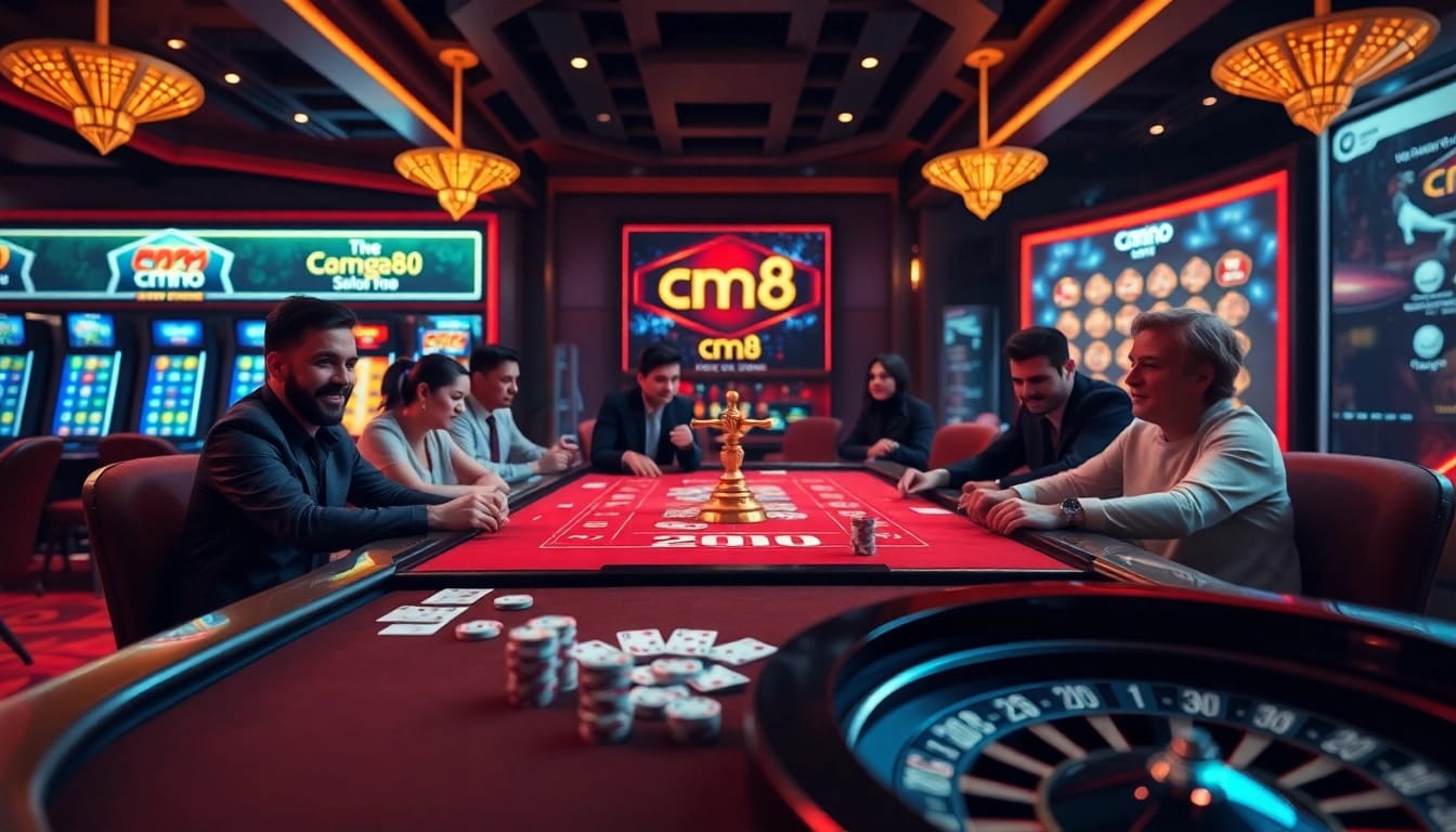A vibrant casino scene showcasing players enjoying games on cm88 com, highlighted by poker chips and slot machines.