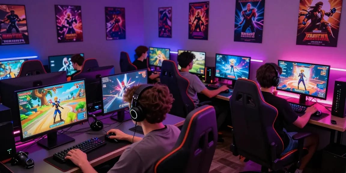 Engaged players enjoying a porn game online in a vibrant gaming room setting.