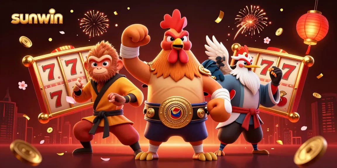 Experience the thrill of winning at sunwin with a colorful 3D casino scene featuring vibrant characters and slot reels.