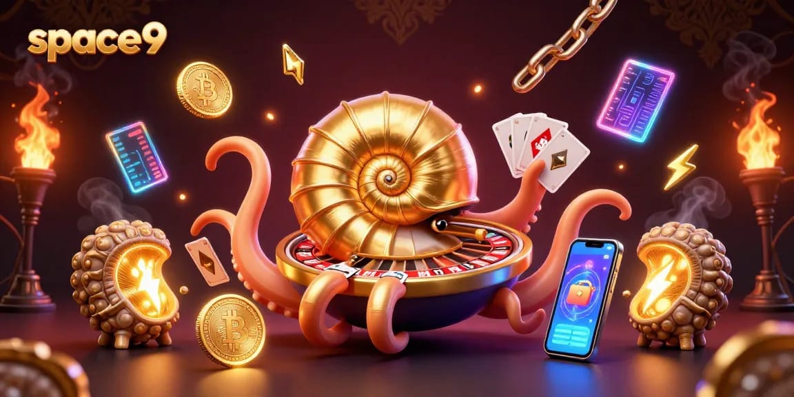 Experience thrilling gameplay at Space9 Casino with an engaging 3D nautilus and glowing crypto coins.