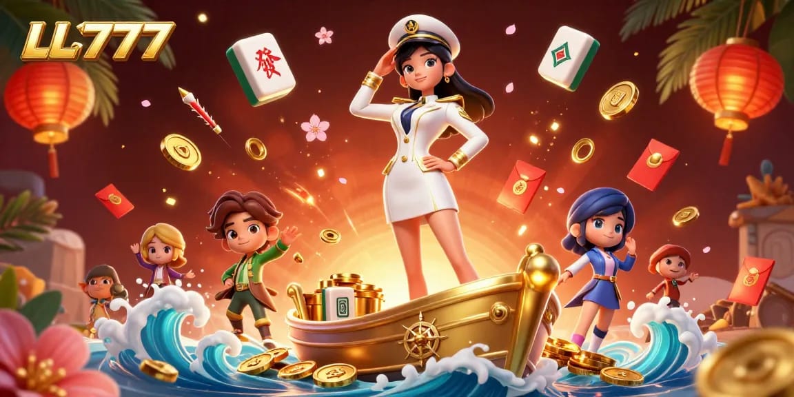 Experience thrilling gaming at LL777 with an elegant Asian woman in a naval officer outfit amidst a vibrant casino scene.
