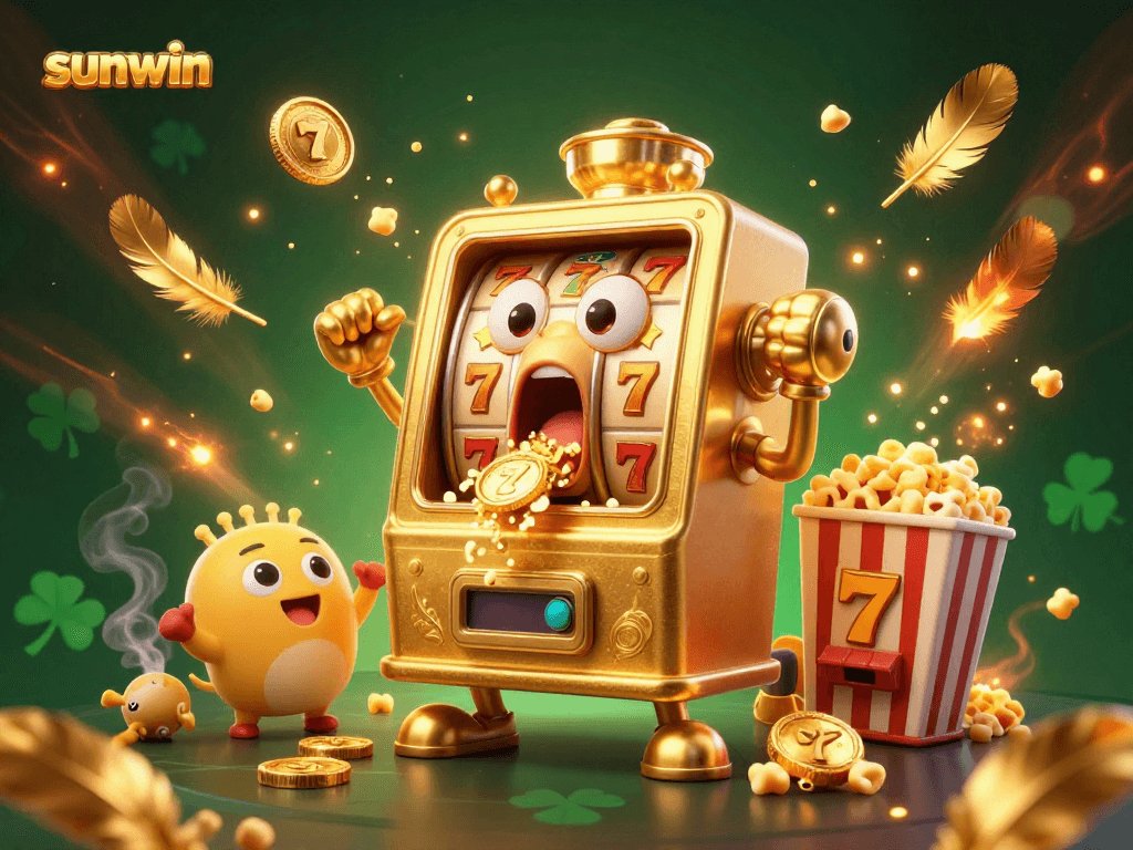 Experience the excitement of sunwin as the golden slot machine hits a jackpot, surrounded by cheering baby slots and dazzling elements.