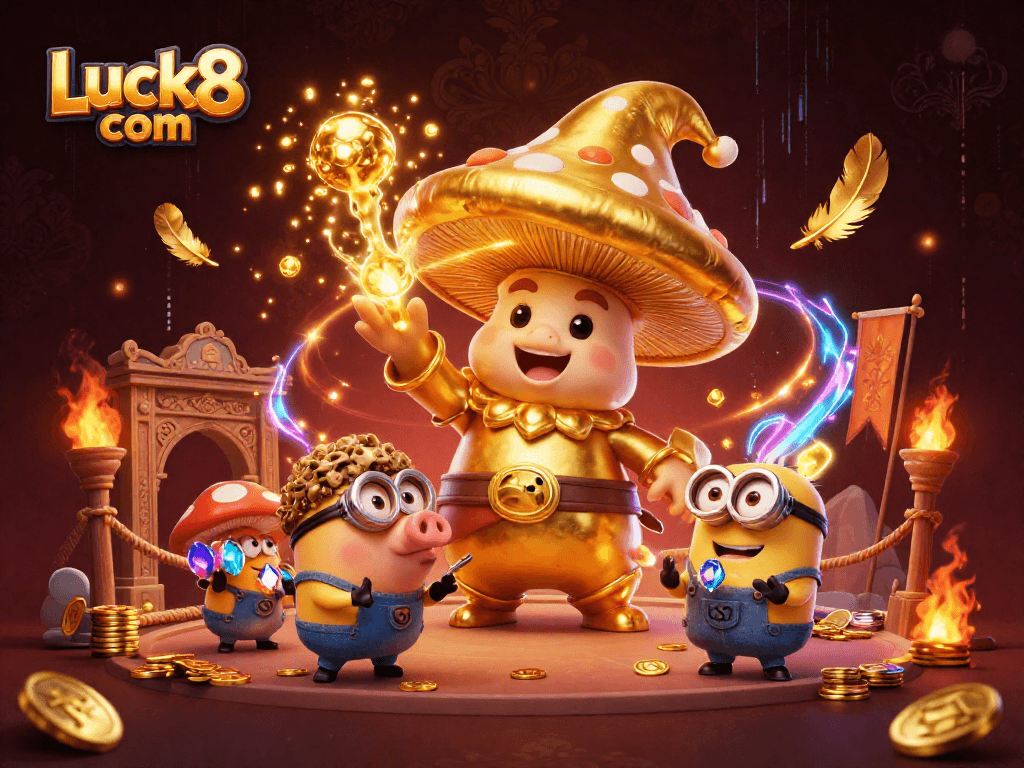 Join the excitement of Luck8 com with a 3D wizard and treasure-hunting pig in a vibrant online casino scene.