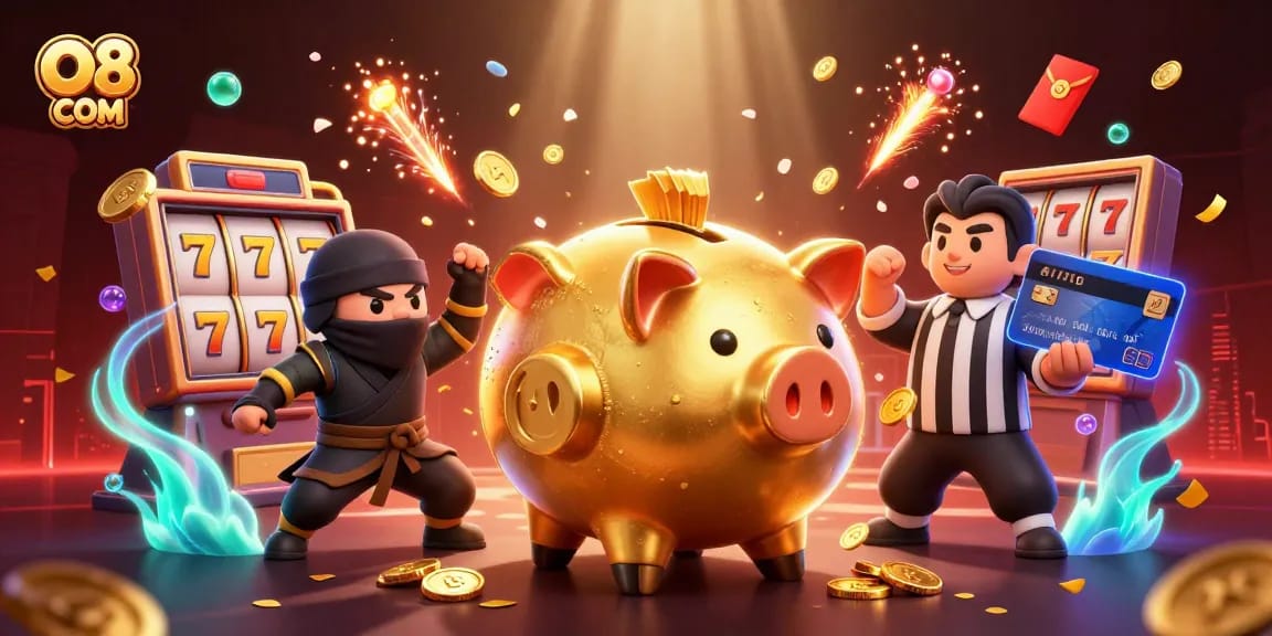 Experience exciting gameplay at O8 COM with a golden piggy bank sumo wrestler amidst casino thrills.