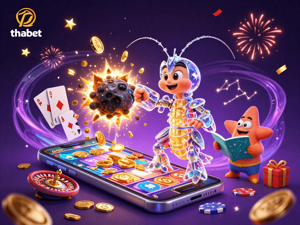 Experience thrilling gameplay at thabet with the galactic samurai mantis shrimp, as golden gems and coins burst from an asteroid.