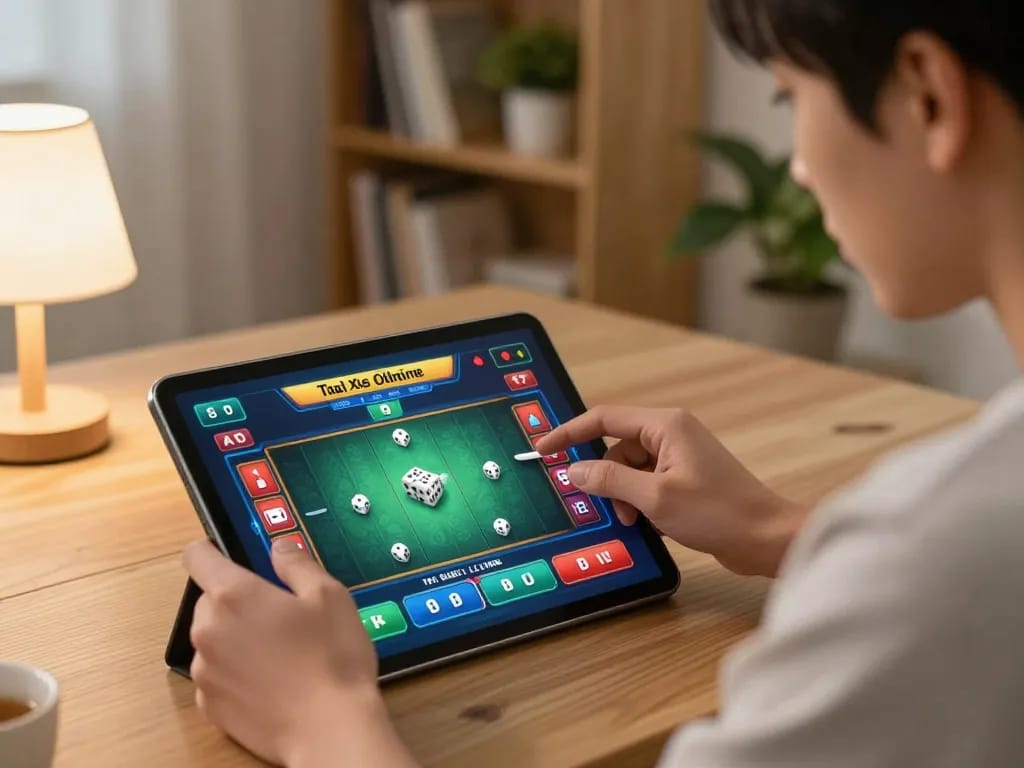 Engaging in Tai Xiu online gaming on a tablet, analyzing dice outcomes and betting options in a cozy home setting.
