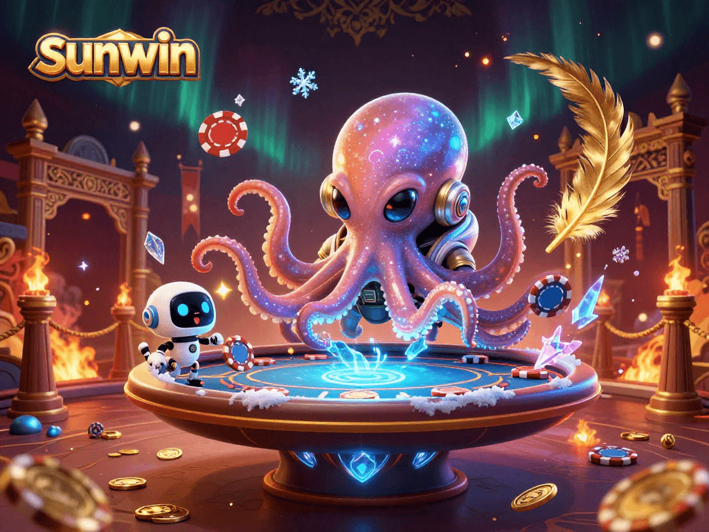 Experience thrilling poker action with the sunwin alien octopus and buzzing robot at a holographic table.