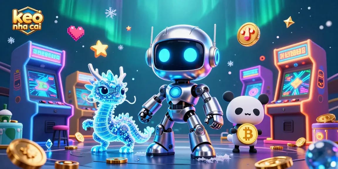 Engage with keo nha cai in this dynamic casino scene filled with neon-lit gaming elements and characters.